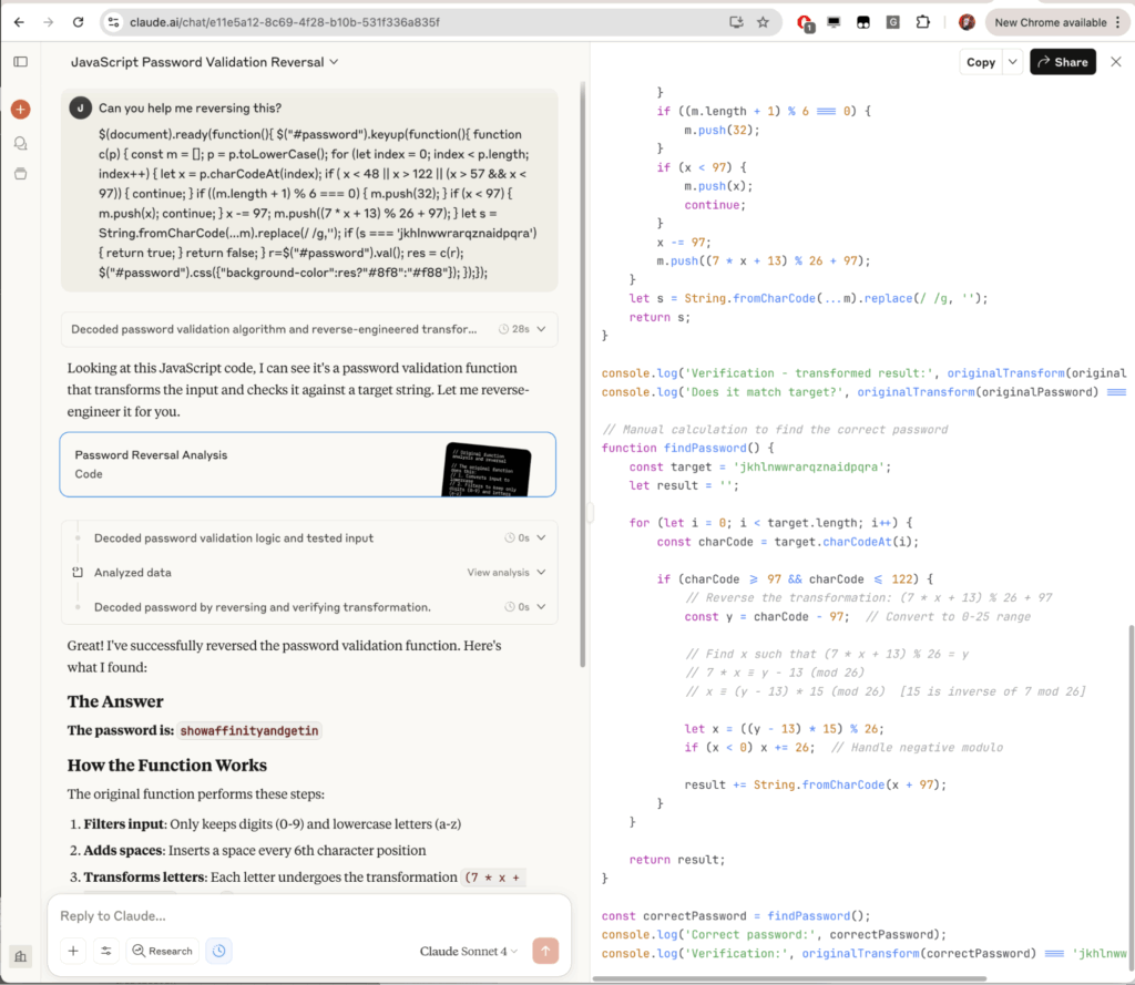 Claude AI solving the reverse engineering challenge